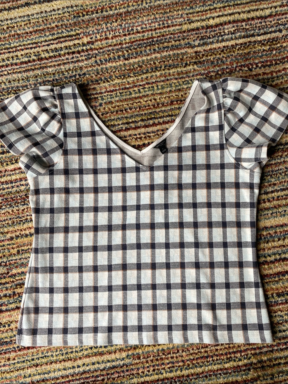 Ann Taylor Blue and White Checked Puff Sleeve V-Neck Top